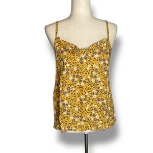 ModCloth Yellow Floral Linen Blend Ruffle & Bow Cami Tank Top Size Small